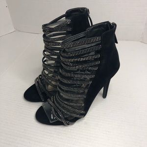 Anne Michelle High Heels Womens 7.5 caged multi strap Back zipper Black Suede
